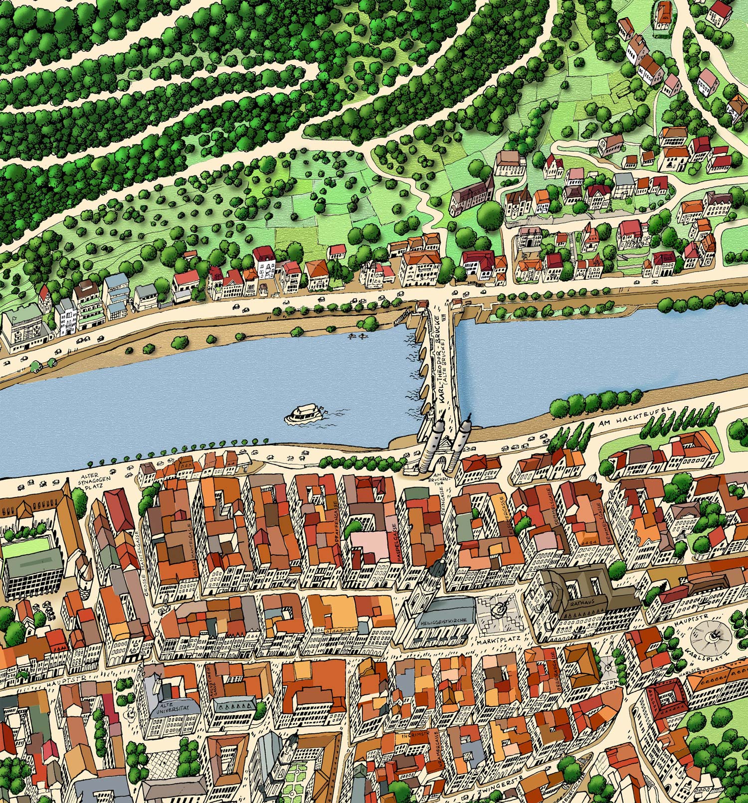 Stadtplanausschnitt Heidelberg handgezeichnet